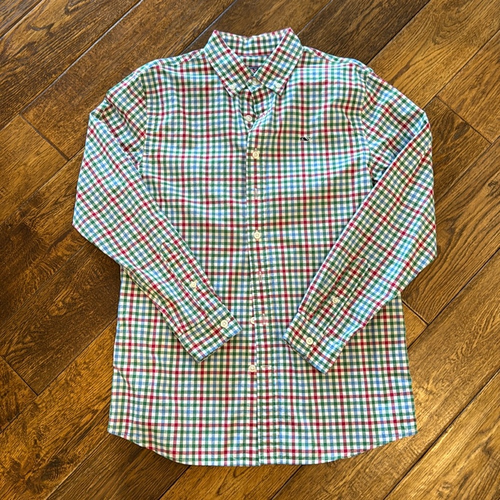 EUC boys Vineyard Vines red White green blue checkered oxford L (16)